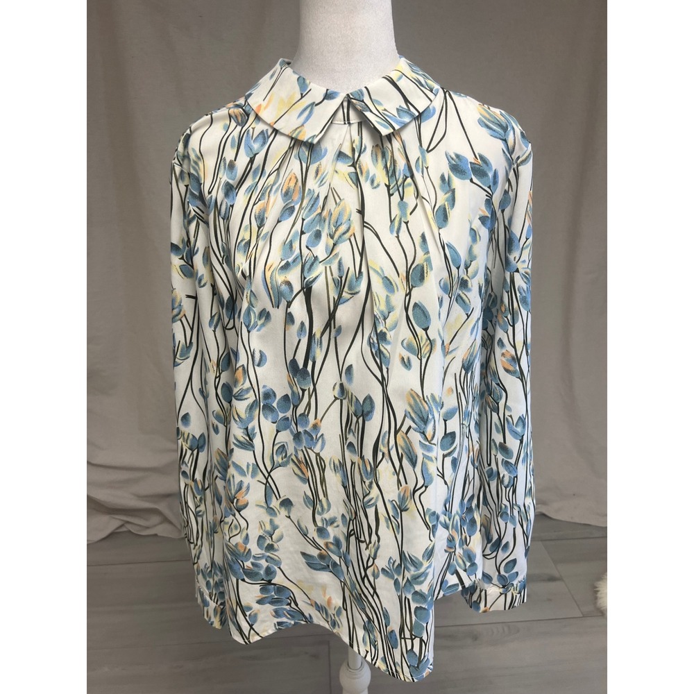 Anonyme Designers Blouse Womens Sz L Floral Peter Pan Collar Blue White Office
